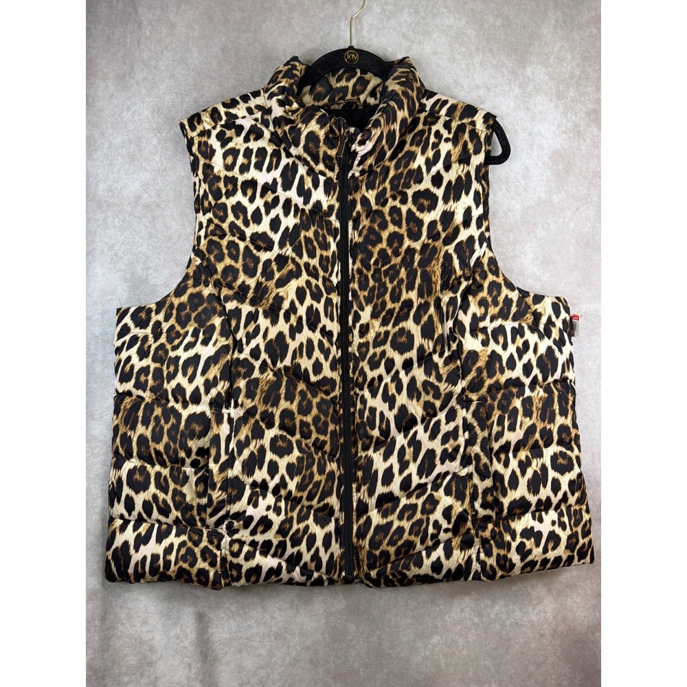 Lands' End Puffer Vest Womens 2X Leopard Print Brown Down Insulated Quilted